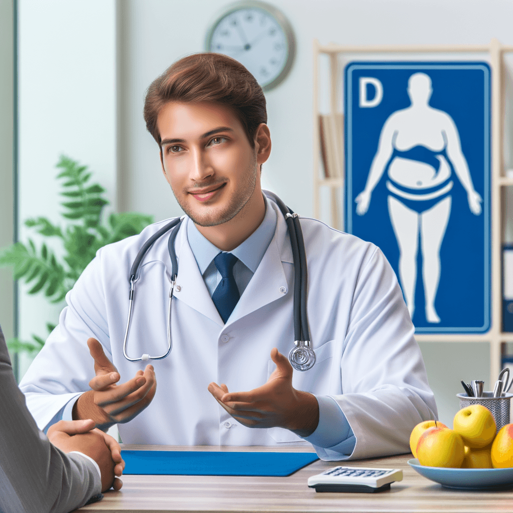 Medico discute obesità in ambulatorio medico.